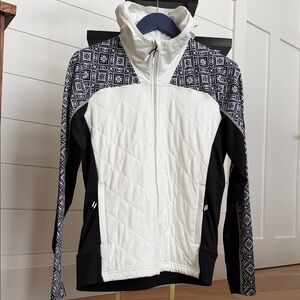 Women's Black & White Quilted Ski Jacket with Patterned Sleeves
